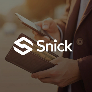 Modern logo for Snick, a digital wallet service. Sleek design with a geometric shape and sans-serif font. Dark brown color scheme, minimalistic and clear text.