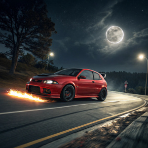 Under the moonlit sky, a red Proton Satria GTI R3 races through an empty street, leaving a fiery trail behind it, showcasing its athletic design against the dark night.