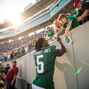 Emory Jones, in green jersey with white number, signing autographs in a packed stadium. Bright sunlight, diverse crowd, excited fans