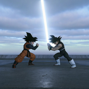 Goku and Vegeta in intense fighting stance, set against a bright neon green backdrop.