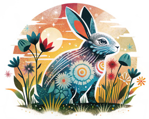  Create a Banksy-style image featuring a rabbit and wild flowers. Please ensure that the image reflects the iconic stencil-like style of Banksy's artwork. Use your creativity to incorporate elements of urban street art and social commentary, while capturing the essence of the rabbit and the beauty of the wild flowers. The image should maintain the same language and style as Banksy's work, with a focus on bold lines, contrasting colors, and impactful imagery.