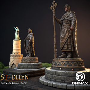 Detailed 3D rendering of St. Delyn statues from Morrowind. Dark background with Bethesda Game Studios and Enimax logos prominently displayed. Artistic and dramatic presentation showcasing intricate textures and craftsmanship.