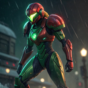Dynamic pose of Samus Aran from Metroid. Futuristic, angular armor with green and red highlights. Glowing visor, set against a dark, blurred background at an event.