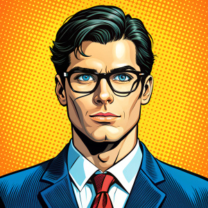 Portrait A young man resembling Clark Kent (Superman), wearing glasses, in a business suit, in pop art style.