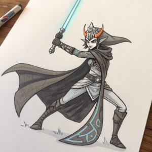 Fan art sketch of Midna from Legend of Zelda series. Wearing a robe and wielding a sword. Dynamic pose. Light and dark lines. Aztec-inspired headgear. White paper background