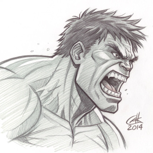 Rough sketch of an enraged, hulking figure, inspired by Marvel Comics. Aggressive demeanor, prominent teeth, and imposing musculature highlighted through dynamic, jagged lines. Plain background. Signed 2014.
