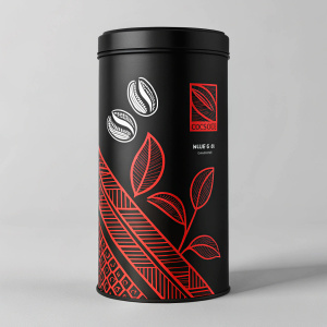 A sleek packaging design for Nescafe instant coffee. Featuring a black background with red accents. Minimalist design with stylized graphics highlighting key product features. Modern and flat design without 3D elements or real-life images.