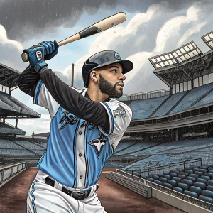 Marwin Gonzalez, dressed in a blue and white jersey with black accents, takes batting practice in an empty stadium.