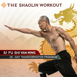 Cover art for 'The Shaolin Workout'. Si Fu Shi Yan Ming, bald muscular man, performing martial arts pose. Illustration of a fierce dragon in background. 28-day transformation program highlighted.