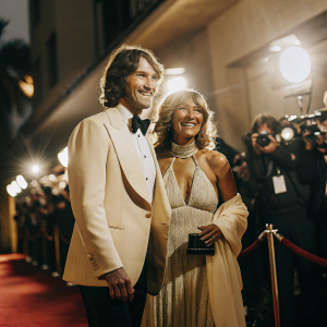 Craig T. Nelson and Doria Cook Nelson smiling at a glamorous Oscar party. Red carpet backdrop with flashing cameras