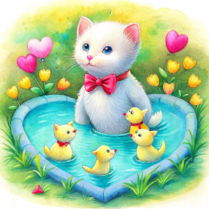 one white cat with pink bow tie on the pond with three yellow duck