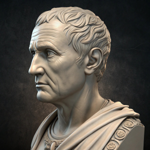 3D render of Julius Caesar bust with intricate facial details. Dark, textured background.