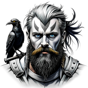 Wikinger mit zwei Gesichtern with yggdrasil – and weapons high-definition design, valhalla, grey and black, realistic tattoo design, white background