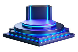 Background podium 3D light neon blue platform stage product abstract. Scene background 3D podium dark pedestal room glow studio empty stand floor night modern circle show space display game led black.