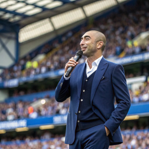 Roberto Di Matteo, sporting a clean-shaven look, wearing a formal navy blue suit and crisp white shirt, addressing a crowd at a stadium.