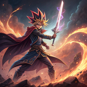Digital art featuring a Yu-Gi-Oh character in an epic pose. Wields a majestic sword. Dramatic, fiery background with swirling clouds and glowing embers.