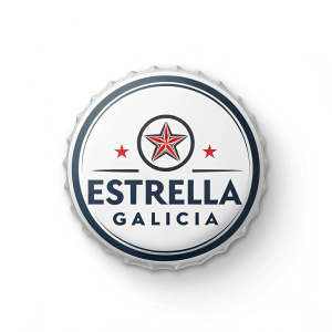 Estrella Galicia's logo featuring a sleek, circular emblem. The brand name 'Estrella Galicia' in bold sans-serif font. A star icon centrally positioned. Clean, modern design.