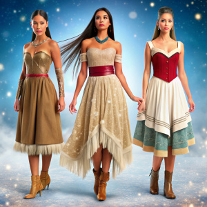 Princesa disney pocahontas con vestido a un hombro color marron y dorado y rojo corte midi con falda de vuelo y dobladillo Terciopelo blanco invierno y lentejuelas de navidad  corte rodilla midi cuerpo completo y botines y collar azul