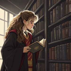 Illustration of Hermione Granger from Harry Potter. She's holding a book, dressed in a Gryffindor robe. Library scene, surrounded by towering bookshelves.