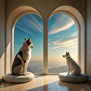 A Cat and a large husky Dog are watching the view from the window in a large, spacious room of a 3D house.