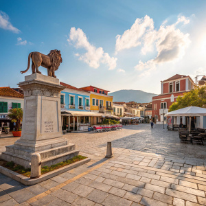 Main square of Vathy town on Samos island. Stone paved area, lion statue on pedestal, colorful buildings, outdoor seating. Bright clear sky.