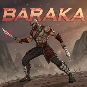 Digital illustration of Baraka, the muscular, bald warrior from Mortal Kombat. Standing in a fierce combat stance with sharp-edged weapons. The background is a dark, gritty landscape with 'BARAKA' emblazoned prominently. Bold lines and vivid colors create a dynamic and dramatic effect.