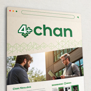 Webpage screenshot showcasing the 4chan logo and introduction. Neutral color palette with green highlights