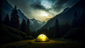 the open tent from which the light comes at night in the mountains in the forest, dark around