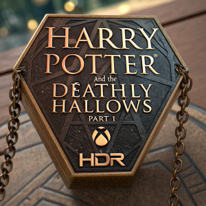 Official 4K Ultra HD Blu-ray cover for Harry Potter and the Deathly Hallows Part 1 featuring a hexagonal galleon-like object with intricate chains, rich browns and blacks with subtle gold accents, accompanied by detailed text and HDR badge.