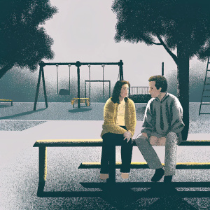 Linda Cardellini and Jason Segel in a candid moment from 'Freaks and Geeks'. They are sitting on a bench in the schoolyard, engaged in conversation.