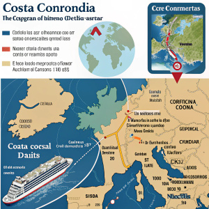 Infographic detailing the Costa Concordia disaster. European coastal map, ship's trajectory, and impact areas highlighted. Artistic panels with detailed marine and geographical information.
