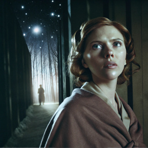 Close-up of Scarlett Johansson's face. Director Michel Faber's film. Dark starry night backdrop.