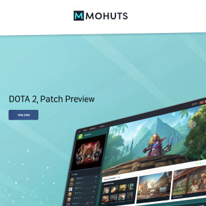 Homepage of MMOHuts, showcasing an upcoming Dota 2 patch preview article and various gaming content. Sleek design with a light blue background, prominent navigation bar. The preview features a detailed graphic and synopsis.