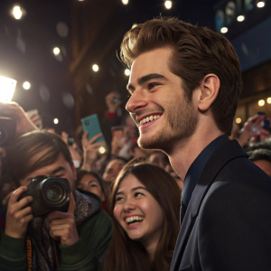 Andrew Garfield, smiling amidst a bustling crowd of enthusiastic fans at a public event. Close-up captures a young woman, camera in hand, surrounded by a sea of people and flashes.