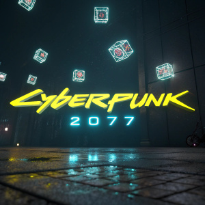Concept art for Cyberpunk 2077, featuring a stylized neon yellow logo. Set against a dark background, with small holographic labels floating around