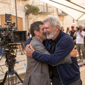 Antonio Banderas and Harrison Ford sharing a hug on the set of 'Indiana Jones 5'. Shot outdoors in Sicily, amidst movie equipment and crew.