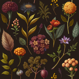 DARK BROWN  background botanic  , watercolor VINTAGE 
 image with dark brown   background , brown  VIBURNUM  , TUMERIC LILY  ,BRASSICA,DAUCUS ,snapdragon,ERYNGIUM, achillea   ,SCABIOSA,STONE LATHYRUS,  achillea, physalis , watercolor, dark brown  background FOR WRAPPING PAPER VINTAGE 