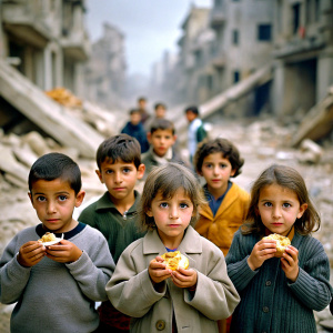 spanish children with sad face in a city destroyed by war searching for food in the rubble