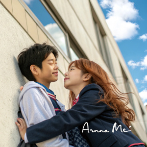 Anna Mei, a young Asian male, and a girl with long, wavy, reddish-brown hair are seen hugging near a building. Bright blue sky and fluffy clouds in background. Artist's signature in flowing script below the image.