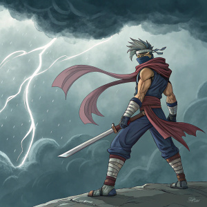 Strider Hiryu, from Capcom's illustrious roster, stands resolute. Wrapped wrists, flowing scarf, and sword in hand. Set against a backdrop of intense, swirling storm clouds.
