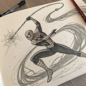 Sketch of Spider-Man, pencil on paper. Dark, dramatic shading, web swirling around