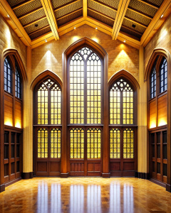 grand lobby wood hight wall hight 4 window gothic glass- high-definition - brown and black wood wall- old wood grey -nature stone floor background 