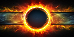 Grainy gradient orange red yellow black noise texture banner abstract background, glowing burning ring dark background