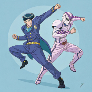 Digital illustration featuring Josuke Higashikata and Crazy Diamond from JoJo's Bizarre Adventure. Both characters are depicted in mid-action poses. Background is a solid light blue.