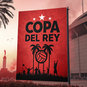Modern poster design for Copa del Rey event. Vibrant red background. Bold black text and Copa del Rey logo prominently featured.