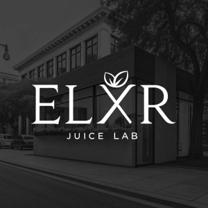 Modern logo design for ELXR Juice Lab. Minimalist white letters on a sleek black background.