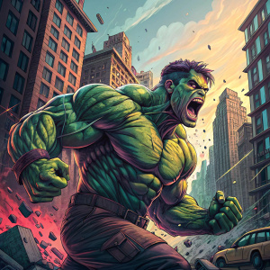 Angry Hulk-like figure in a vibrant comic book panel, colorful and detailed.