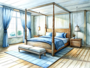 a sketch of a modern style
 bedroom in pencil, the bed is made of pallets