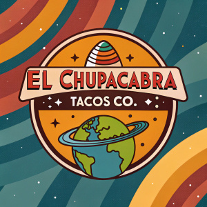 El Chupacabra Tacos Co. logo. Vibrant design with a cosmic theme. Bold text overlaying a whimsical earth graphic. Set against a vivid, swirling background in earth tones.