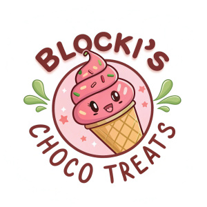 Cute cartoon-style logo for 'Blockki's Choco Treats'. Features a whimsical ice cream cone. Vibrant colors and playful fonts. Pink, brown, and green palette. Inviting and sweet design.